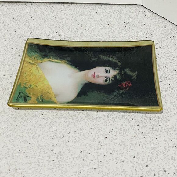 Asti Glass Pin Vanity Ring Dish Small Tray Edwardian Victorian Woman Portrait - Picture 4 of 6